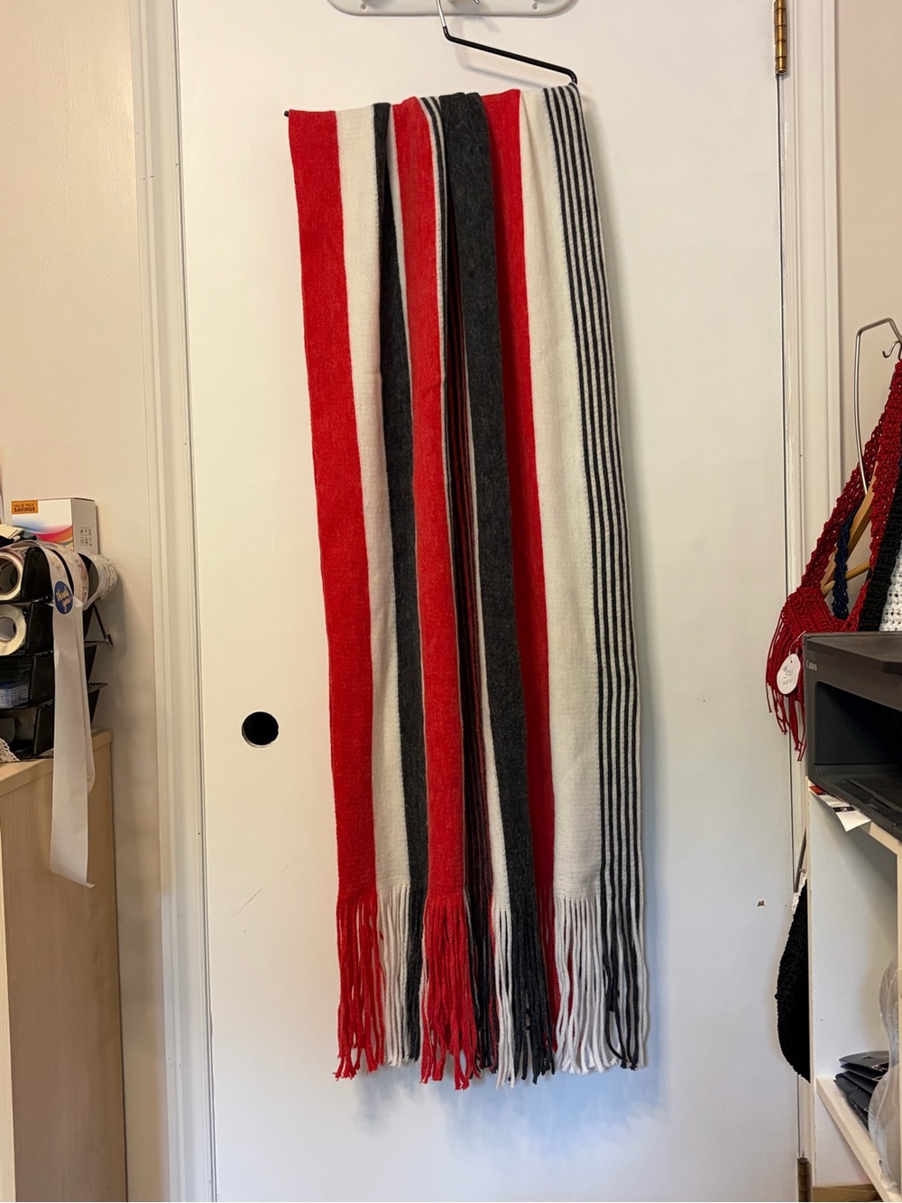 NWOT Free People Stripped Red Black Cream Fringe Scarf/wrap